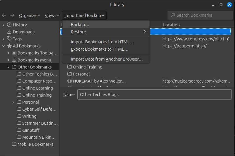 Showing Bookmarks Manager with Import and Backup dropped down